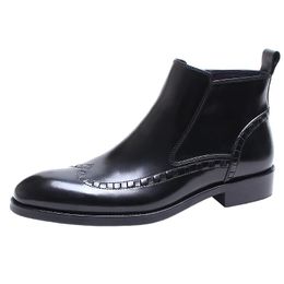Mens Burgundy Black Genuine Leather Chelsea Boots Retro Wingtip Brogues Ankle Boots Rubber Dress Shoes Italian Male Cowboy Boots