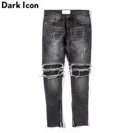 DARK ICON Pleated on Knee Men's Jeans High Street Motorcycle Denim Pants Men Full Length 211111