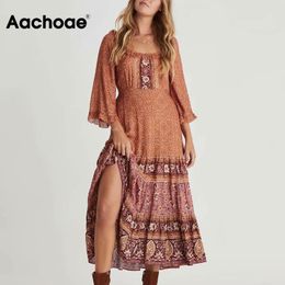 Women Floral Printed Long Maxi Female A Line Ruffles Chic Dresses Three Quarter Sleeve Bohemian Dress Robe 210413