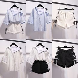 2020 korean two piece set for women Summer one shoulder crop top striped blouse and denim biker shorts set women matching sets X0428