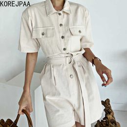 Korejpaa Women Jumpsuits Summer Korean Chic Ladies Lapel Single-Breasted Lace-Up Waist Multi-Pocket Casual Overalls Shorts 210526