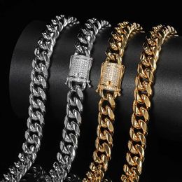 12mm Diamond Buckle Stainless Steel Cuban Chain Men's Necklace Polished Encrypted Round Grinding Hip Hop Titanium Necklace