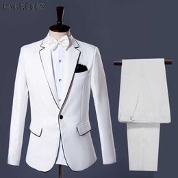 White Suit Blazer Men 2018 Brand New Wedding Groom Tuxedos Suit Men Party Stage Singer Prom 2 Piece Suit (Jacket+Pants+Bow) 2XL X0909