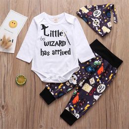 3pcs Newborn Infant Baby Clothing Set 2020 Halloween Cosplay Outfits Little Wizard Has Arrived Romper+pants+hat Baby Boy Outfit G1023