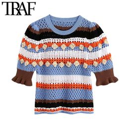 TRAF Women Sweet Fashion Flower-shaped Appliques Knitter Sweater Vintage O Neck Short Sleeve Female Pullovers Chic Tops 210415