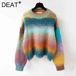 DEAT Woman Sweater Gradient Colour Block Round Colour Full Sleeve Loose Casual Style Knit Pullover 2021 Autumn Fashion 15AK228 Y1110