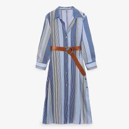 Women Belted Striped Shirt Dress Za Spring Blue Long Sleeve Office Lady Dresses Woman Chic Side Slits Button Up Midi Dress 210602