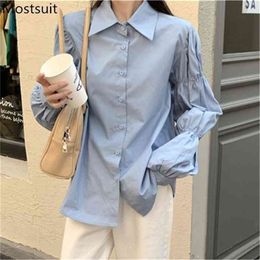 Shirring Sleeve Korean Women Shirt Tops Autumn Full Single-breasted Solid Casual Fashion Ladies Blouses Shirts Femme 210513