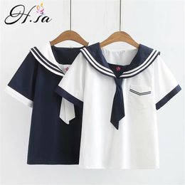 Hsa Women Short Sleeve Tied Patchwork Casual Sweetie Floral Striped Summer Tops Girls Sailor suit 210417