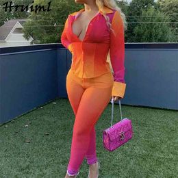 Tie Dye Print Two Piece Outfits for Women Fashion Casual Long Sleeve Top and Pencil Pants Set Sweat Suits Office Lady 210513