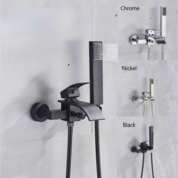 Matte Black Nickel Chrome Bathroom Tub Faucet Single Handle Waterfall Spout Mixer Tap with Hand Shower Wall Mounted Bath Faucet