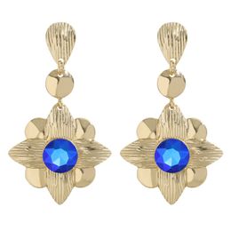 Trendy Colourful Rhinestone Metal Flower Long Dangle Drop Earrings for Women High Quality Crystal Jewellery Party Gift