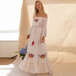 Jasie Boho Floral Embroidered Midi Dress Autumn Women Off the Shoulder Chic Ruffle Trim Beach Dresses Vintage Sundresses 210419