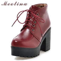 Autumn Ankle Boots Women PU Leather Platform Thick Heels Short Lace Up Super High Heel Shoes Ladies Size 43 210517