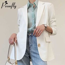 PEONFLY Fashion Women White Blazer Long Sleeve Korean Style Loose Female Office Ladies Arrival Autumn Outwear 210930