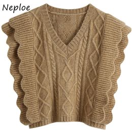 Neploe V-neck Chic Cascading Ruffles Patchwork Vest Autumn Solid Color Twist Knitted Tank Top Sleeveless Sweaters 210510