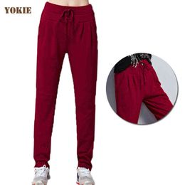 Underwear women harem pants solid elastic waist pants cotton loose sweatpants casual trousers Red black Grey Plus size Y211115