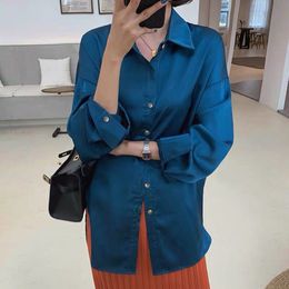 Spring Autumn Satin Long Sleeve Turn-down Collar Loose Casual Blouse Coats Korean Style Oversized Blue Tops 210510
