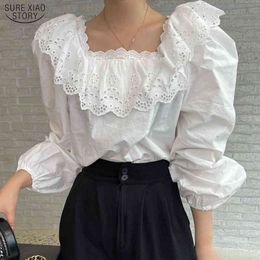 Sweet Lantern Sleeve Female Shirt with Lace Spring Autumn Square Collar Cotton Blouse Women White Pink Clothing 13973 210415