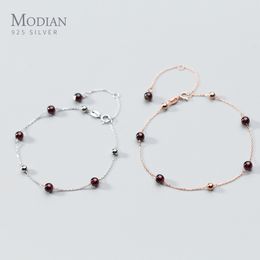 Modian 925 Sterling Silver Red Crystal Little Ball Cute for Women Fashion Adjustable Anklet Fine Jewellery Accessories