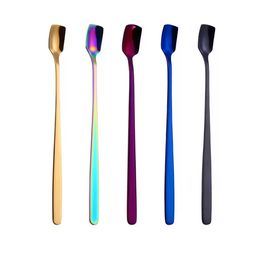 2021 NEW 304 Stainless Steel Square Head Ice Spoons Home Kitchen Supplies Long Handle Coffee Dessert Gold Cocktail Stirring Scoops drop ship