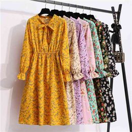 Women Sweet Shirt Dress Autumn Spring Bow Collar Floral Print Long Sleeve Elastic Waist Elegant Vintage Midi Dresses Female 210522