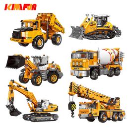 Engineering Bulldozer Crane Working Cement Mixer Truck Car Building Block City Construction Toy Compatible Block Q0624