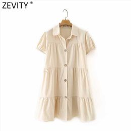 Zevity Women Fashion Puff Sleeve Solid Breasted Pleats Mini Dress Female Casual Business Vestido Chic Shirt Dresses DS5082 210603