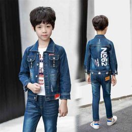 Fashion Kids Sport Suit Boys Cotton Teenage Jeans Clothing Set Spring Autumn Turn-down Collar Coat and Blue Pants Children Suits 210622