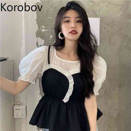 Korobov New Spring Summer Female Shirts Korean Chic Hit Colour Patchwork Women Blouses Sweet O Neck Puff Sleeve Blusas Mujer 210430