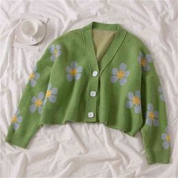 Women's Korean Style Floral Printing V-neck Knitted Cardigans Female Casual Oversized All-match Sweater One Size 210918