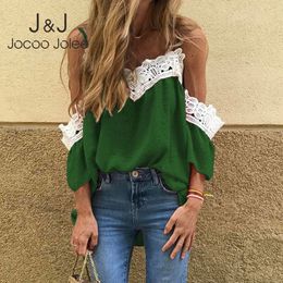 Jocoo Jolee Sexy Strap V Neck Loose Shirt Elegant Lace Patchwork Blouse Casual Short Sleeve Off Shoulder Tops Summer Clothing 210518
