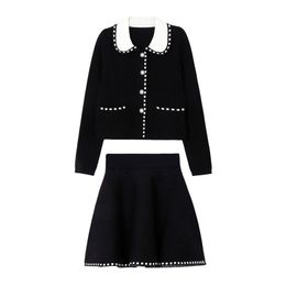 Black White Turn Down Collar Sweaters Cardigans Mini Skirt Knitted Two Pieces Set Women T0456 210514