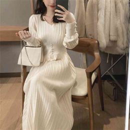Knitted Dress Women Casual Long Sleeve Vintage Elegant Office Sweater Dress Female Spring One-piece Dress Korean Outerwear 210409