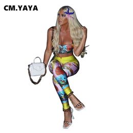 CM.YAYA Women Pants Set Print Spaghetti Strap Bra Tops Empire Sheath Elastic Long Pencil 2 Two Piece Tracksuit Outfit 211105