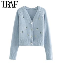 Women Fashion Floral Embroidered Knitted Cardigan Sweater Vintage V Neck Long Sleeve Female Outerwear Chic Tops 210507