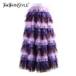 Hit Colour Ball Gown Skirt For Women High Waist Patchwork Mesh Midi Skirts Female Fashion Clothing Spring 210521