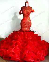 Organza Ruffles Red Prom Dress Off the Shoulder 2021 Mermaid Evening Gowns Party Gowns Robe de Soirée