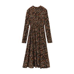 Woman Elegant Black Brown O Neck Floral Print Chiffon Long Sleeve Knee Length Dress A-line Chic Vintage D2106 210514