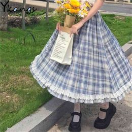 Kawaii Ruffles Cute Midi Preppy Skirts Japanese Lolita Style High Waist Vintage Plaid Lace Wild Buttons Skirt Summer Women Saia 210421