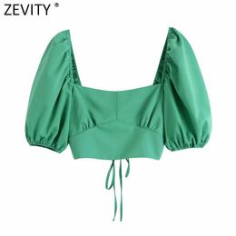 Zevity Women Vintage Square Collar Green Short Smock Blouse Female Puff Sleeve Slim Shirts Chic Backless Blusas Crop Tops LS9220 210603