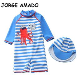 Summer Baby Boys Swimwear 2-Pcs Sets Cartoon Dinosaur Whale Octopus + Bathing Cap Swimsuit Children Clothes E1050 210610