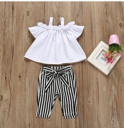 2pcs Toddler Clothing Sets Kids Baby Girl Off Shoulder Tops + Striped Pants Outfits Clothes Summer