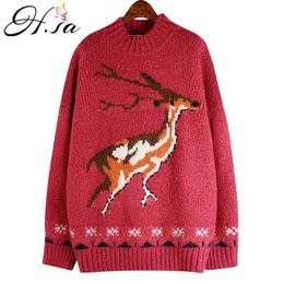 H.SA Women Christmas Sweaters Deer Snowflake Pullover and Jumpers Long Sleeve Quality Knitwear Winter Thick Pull Tops 210417