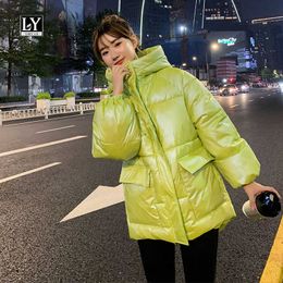 LY VAREY LIN Winter Sweet Glossy Cotton Coat Women Stand Collar Candy Big Pocket Long Sleeve Solid Loose Padded Jackets 210526