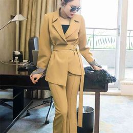 Autumn Winter Business Two Piece Outfits Korean Office Lady 2 Set Women Suits Blazer Coat + Flare Pants 210514