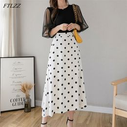 Women Black Polka Dot Medium Skirt Casual Summer Female High Waist Fashion Vintage Midi White Skirts 210430