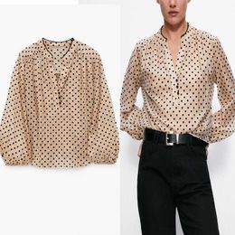 Za Polka Dot Print Blouse Women Long Puff Sleeve O Neck Fashion Loose Top Female Elegant Front Lined Button Shirt 210602