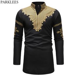 Black Longline African Dashiki Shirt Men Traditional Dashiki Long Sleeve Mandarin Collar Shirt Pullover Men Africa Clothing 210522