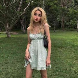 Mint Green Grunge Fairy Dresses Summer Spaghetti Strap Backless Sexy Sundresses Ruffles Strap Mini Dresses Women Clothes 210521